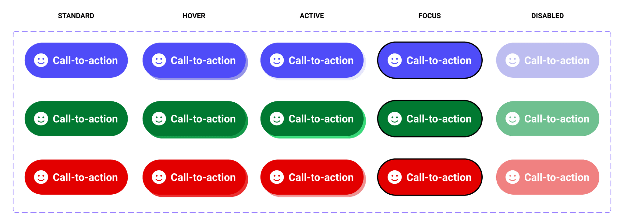 Larger buttons than previously shown, also in their various states. They feature both icons and a label.