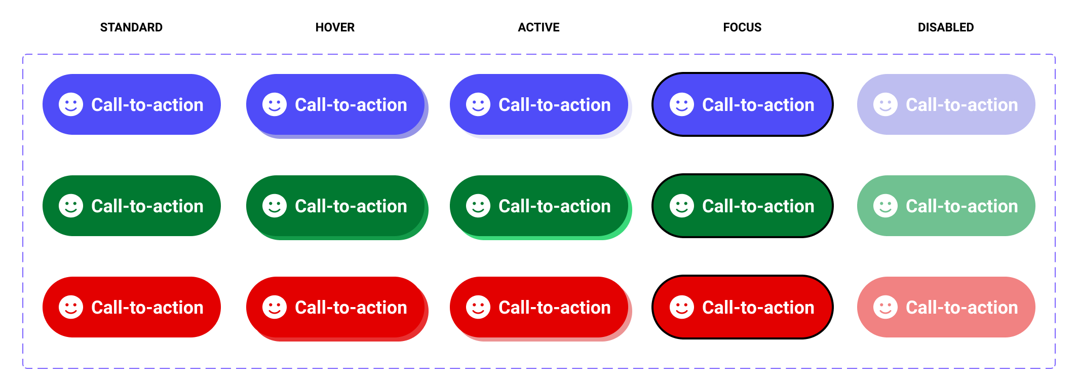 Larger buttons than previously shown, also in their various states. They feature both icons and a label.