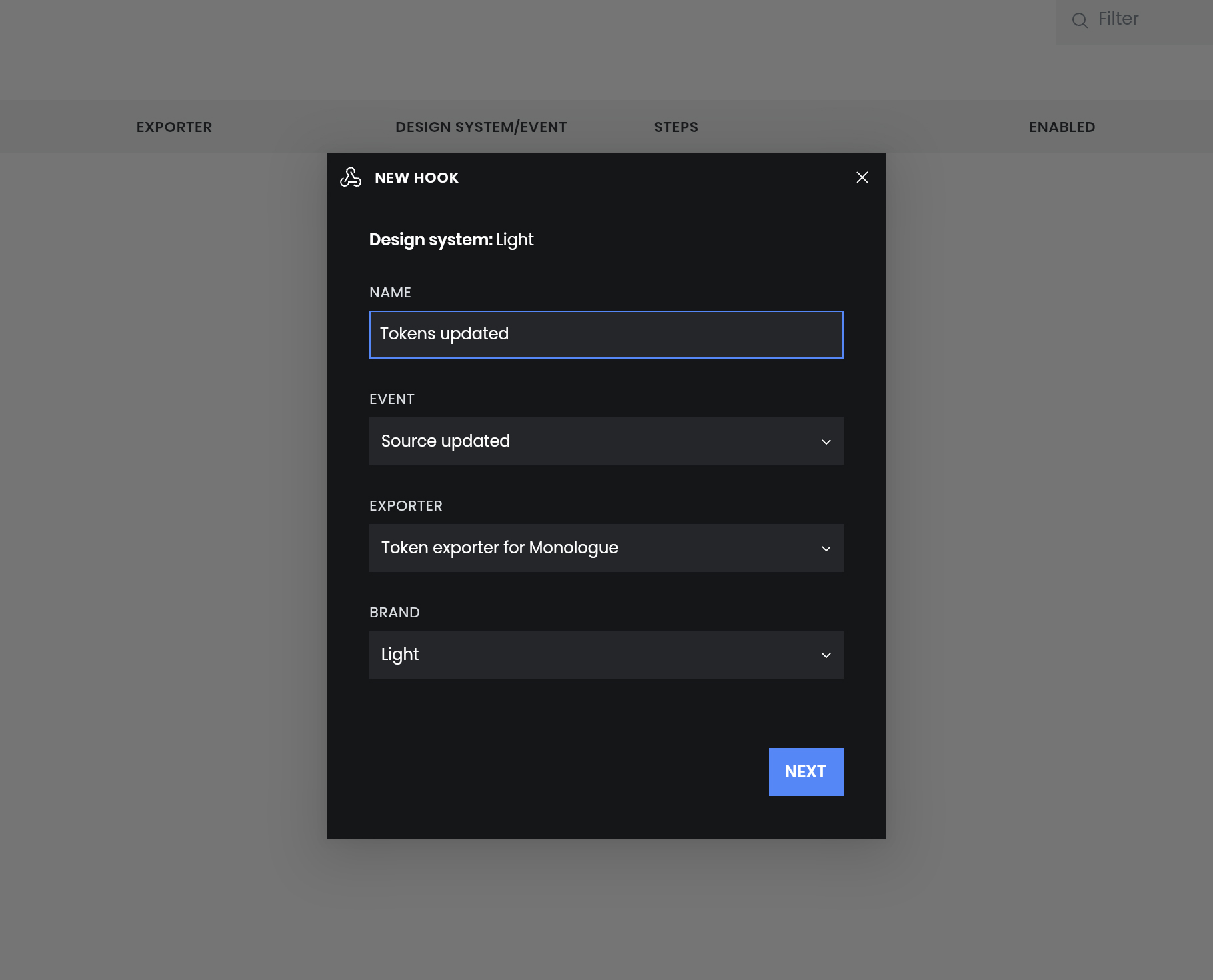 Screenshot: a Supernova modal to configure running an exporter each time the Figma file is updated
