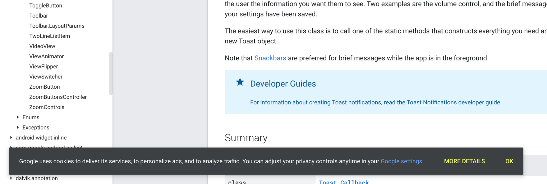 A notification Toast in Google's developer documentation, at the bottom left corner of the screen